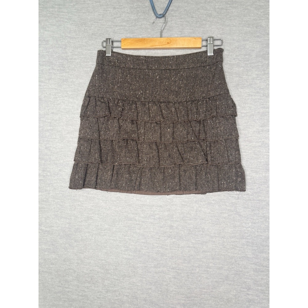 Women's Tiered Ruffle Mini Skirt Tweed Brown Y2K Size 4P Small Career Work